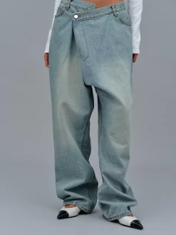 Frauen Source Unknown Kleidung<Asymmetrische, Verblasste Wickeljeans, Stone Wash