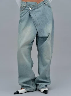 Frauen Source Unknown Kleidung<Asymmetrische, Verblasste Wickeljeans, Stone Wash