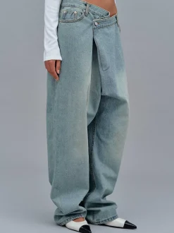 Frauen Source Unknown Kleidung<Asymmetrische, Verblasste Wickeljeans, Stone Wash