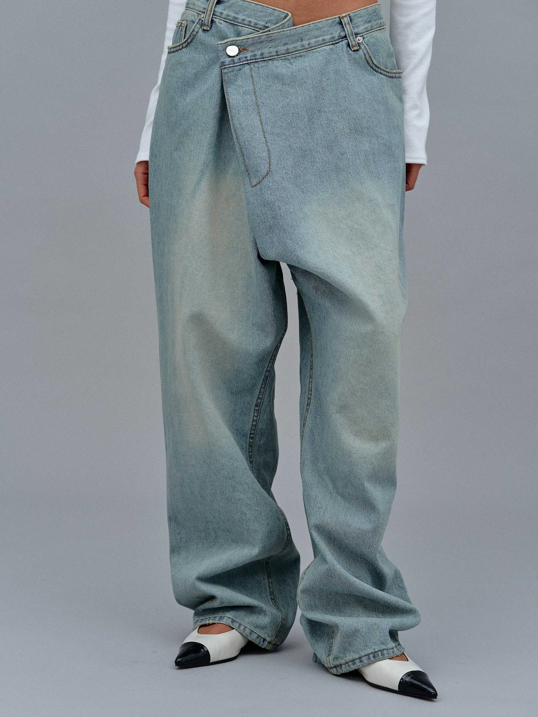 Frauen Source Unknown Denim<Asymmetrische, Verblasste Wickeljeans, Stone Wash
