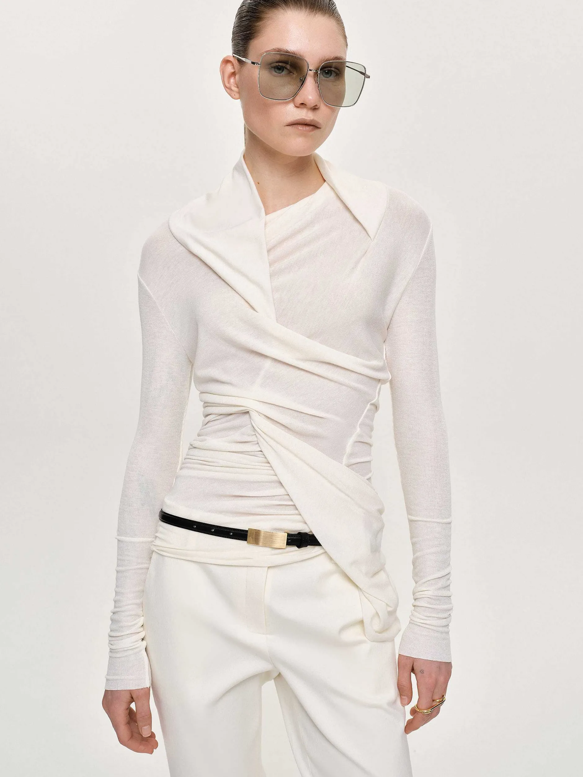 Frauen Source Unknown Kleidung<Asymmetrisches Drapiertes Folgore-Oberteil, Elfenbein