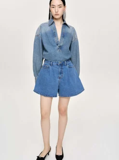 Frauen Source Unknown Kleidung<Ausgestellte Jeansshorts, Mittelblau