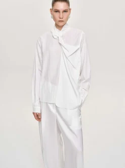 Frauen Source Unknown Oberteile<Bluse Mit Verdrehtem Schal Aus Netzstoff, Weis