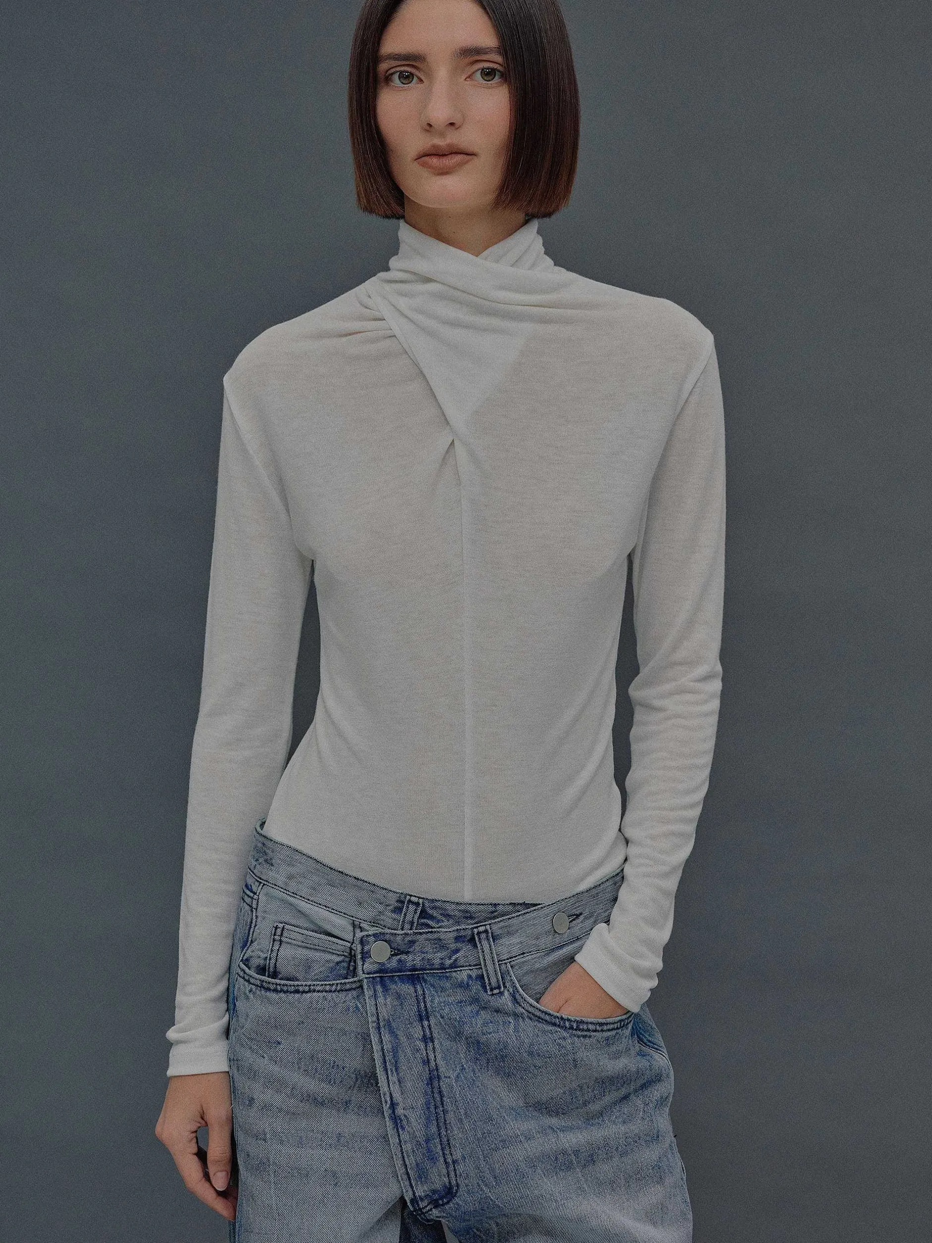 Frauen Source Unknown Kleidung<Daye-Woll-T-Shirt Mit Kreuzkragen, Weis