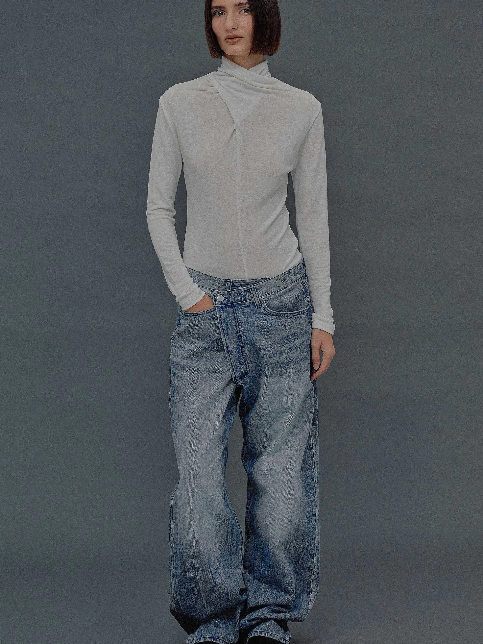 Frauen Source Unknown Kleidung<Daye-Woll-T-Shirt Mit Kreuzkragen, Weis