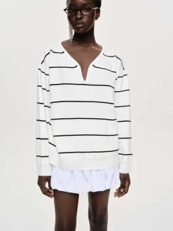 Frauen Source Unknown Kleidung<Pullover Mit Tiefem V-Ausschnitt, Weis Gestreift