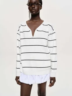 Frauen Source Unknown Strickwaren<Pullover Mit Tiefem V-Ausschnitt, Weis Gestreift