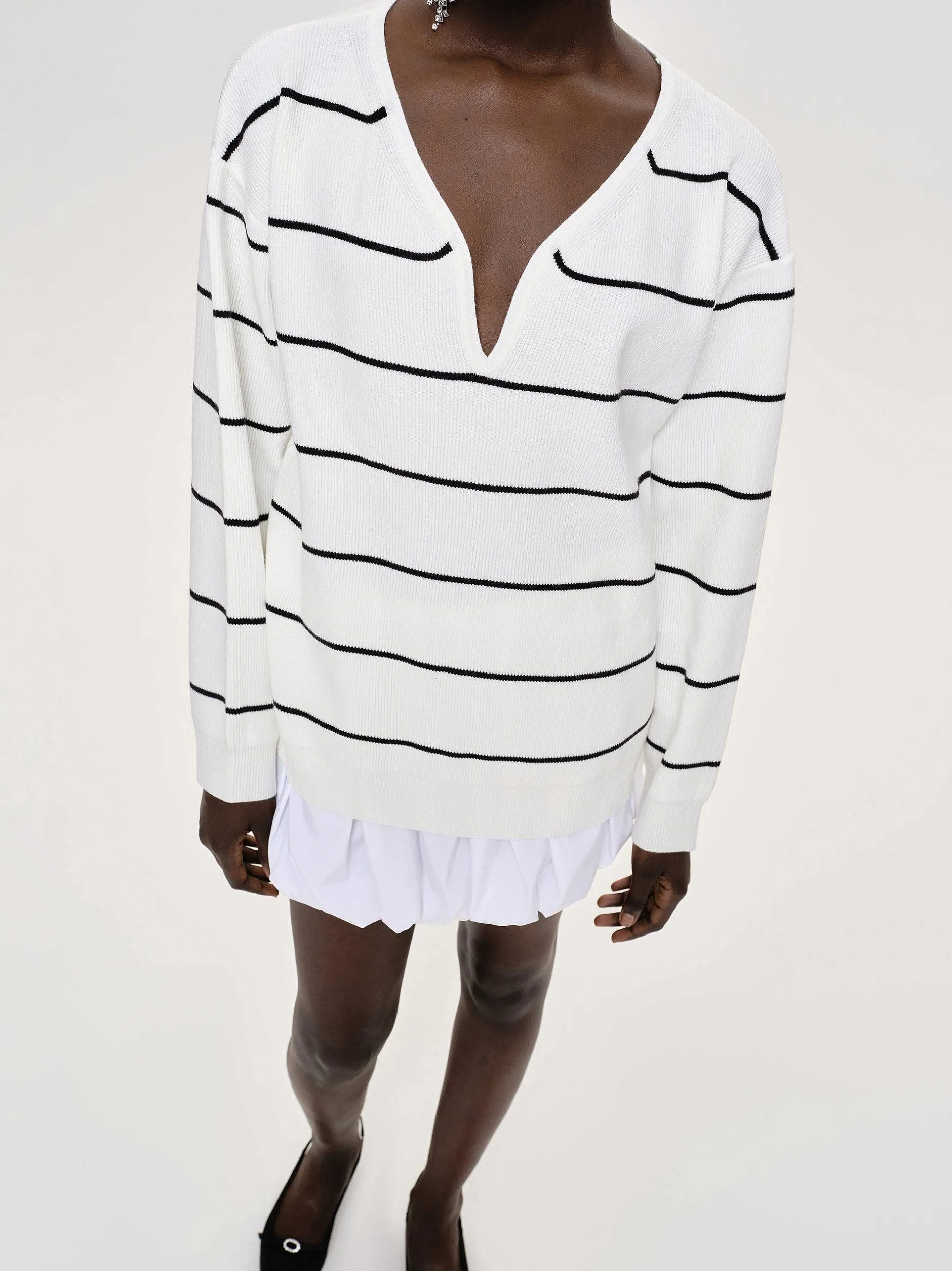 Frauen Source Unknown Strickwaren<Pullover Mit Tiefem V-Ausschnitt, Weis Gestreift