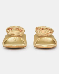 Frauen Source Unknown Schuhe & Taschen<Satin-Pantoletten Mit Rosenapplikation, Buttermilch