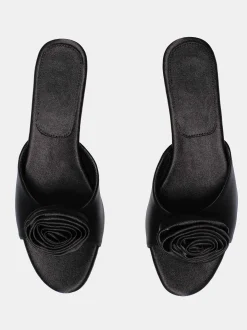 Frauen Source Unknown Schuhe & Taschen<Satin-Pantoletten Mit Rosenapplikation, Schwarz